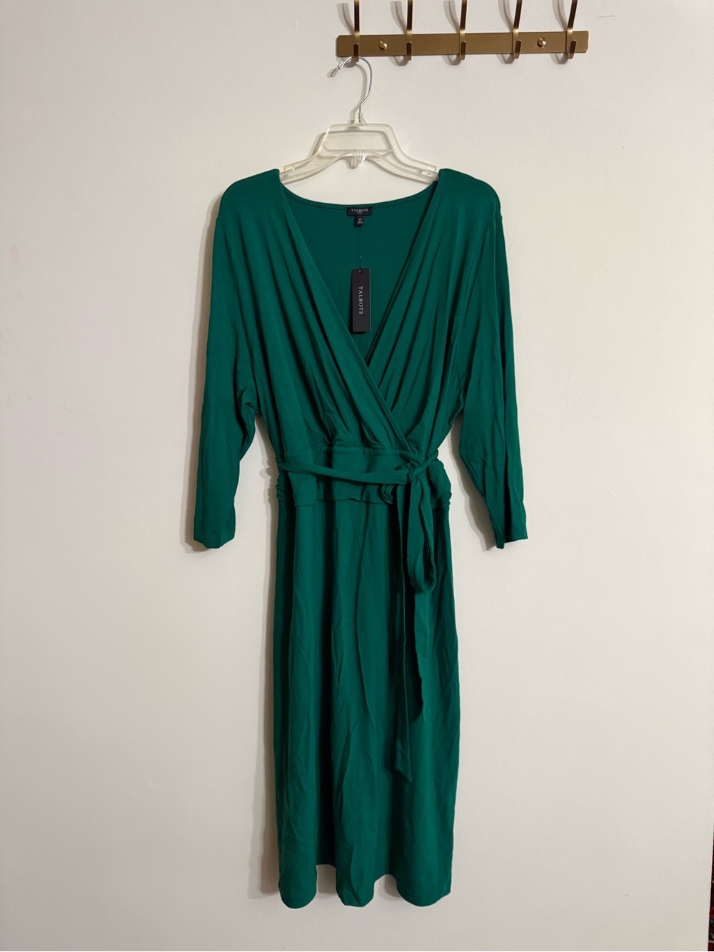 TALBOTS Woman’s Solid Green Slinky Stretch Belted Wrap Dress NWT Plus Size 3X